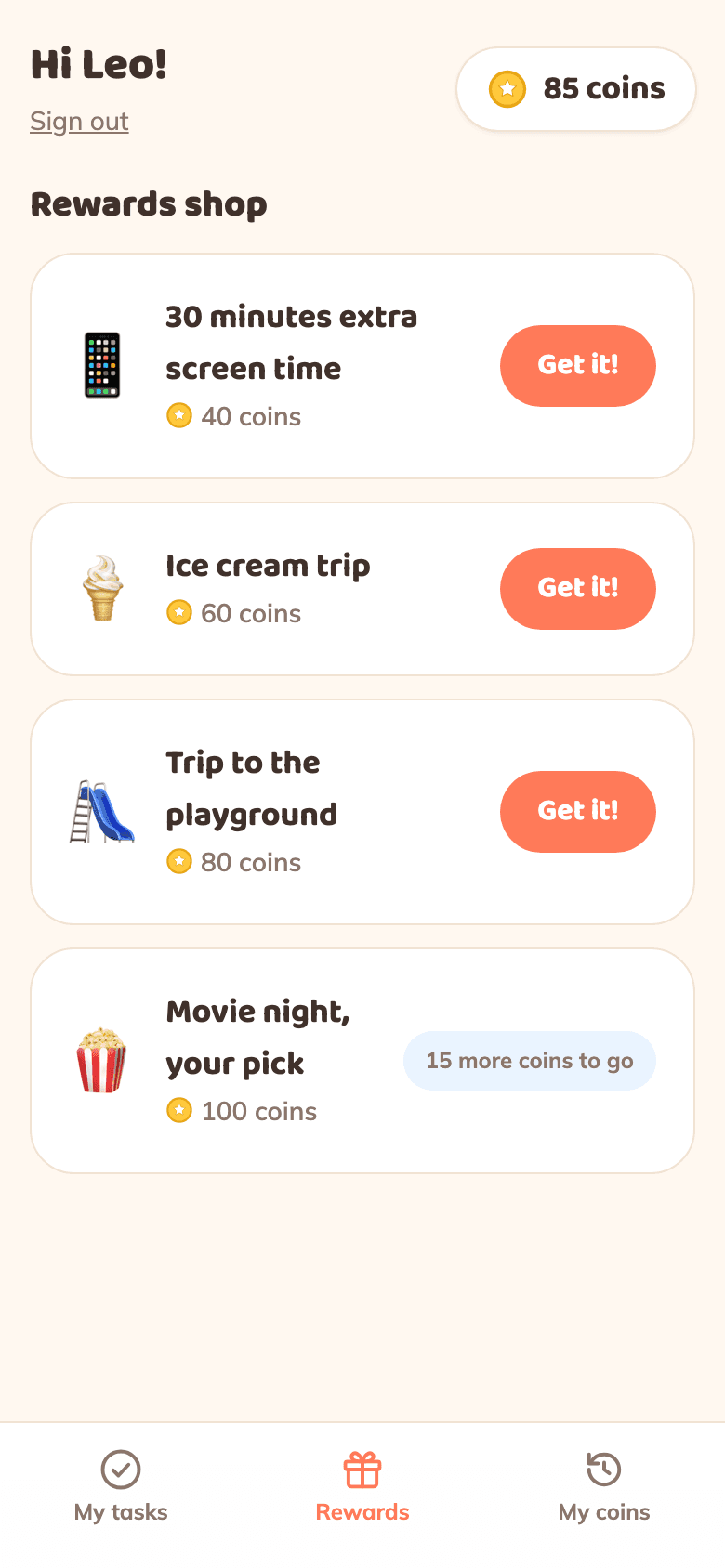 Kid rewards shop: coins buy family rewards like movie night