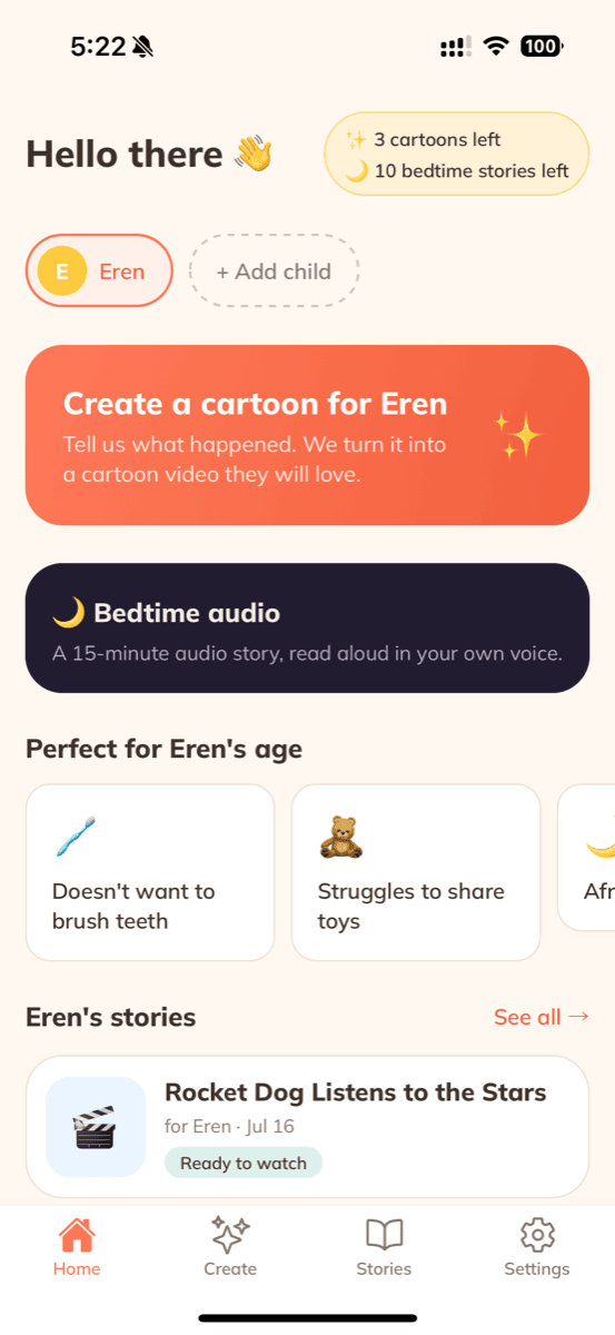 Loriva home screen with cartoon and bedtime story options