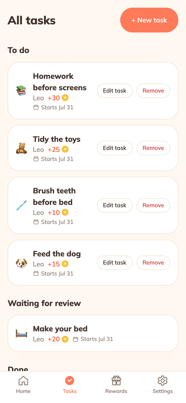 Loriva parent dashboard with tasks and coin values
